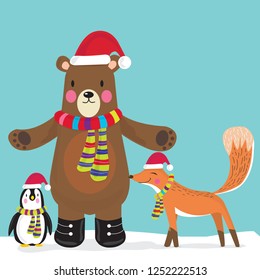 Cute fox,bear,penguin vector illustration ,Vector illustration for Merry Christmas and Happy New Year,Cute fox in simple cartoon style,Illustration of cute fox,bear,penguin in snow
