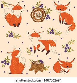 cute foxe vector illustration set in various poses with stump and berries