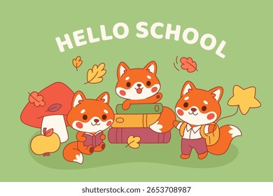 Cute foxes autumn composition. Back to school, falling season, funny redhead fluffy animals with books, kids cartoon characters, education poster or banner, garish vector isolated concept