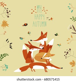 Cute foxes with autumn leaves and plants