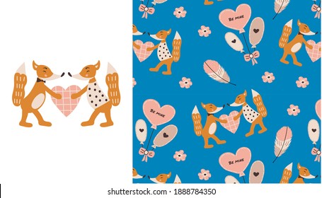 Cute foxes, balloons and hearts. Set of vector seamless patterns and illustrations. Valentine's day print. Vector hand drawn childish illustration.