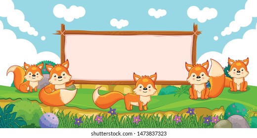 cute foxes with a blank sign wood
