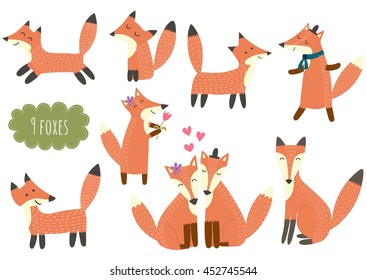 Cute foxes collection. Cartoon forest animal set. Vector illustration