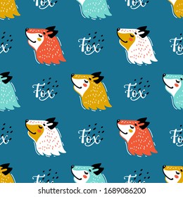 Cute Foxes Colorful Seamless Pattern. Little Fox Face. Kawaii Animal Heads Vector Childish Blue Background for Kids Fashion Design. Print for Nursery Wallpaper, Baby Shower, Birthday