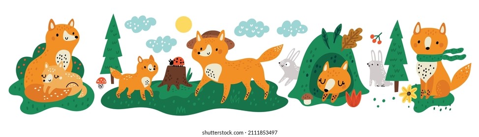 Cute foxes compositions. Funny animal characters with forest elements and hares. Orange mammals. Little cubs and parents. Vixens sleep in hole or relax at meadow. Vector