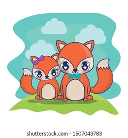 cute foxes couple characters vector illustration