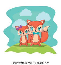 cute foxes couple characters vector illustration