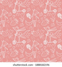 Cute foxes doodle pattern on pink background
