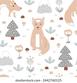 Cute foxes and fairy woodland landscape doodle seamless pattern. Nursery forest vector background.