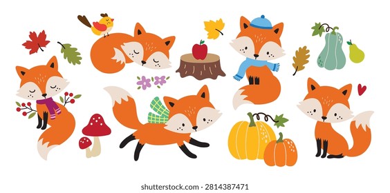 Cute foxes with fall-themed elements vector illustration. Festive foxes wearing cozy hats and scarves, surrounded by woodland elements like autumn pumpkins, apples, leaves, and mushrooms.

