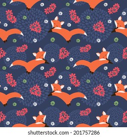 Cute foxes with flowers. Seamless pattern. Vector illustration.