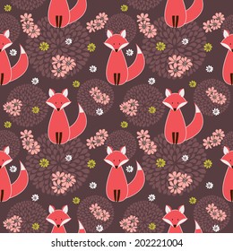 Cute foxes with flowers. Seamless pattern. Vector illustration.