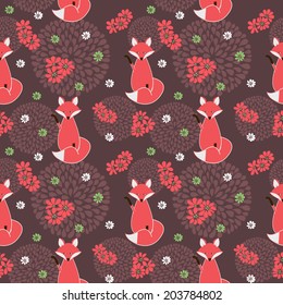 Cute foxes with flowers. Seamless pattern. Vector illustration.
