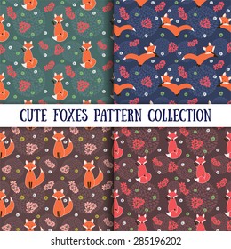 Cute foxes with flowers. Set of Seamless patterns. Vector illustration.