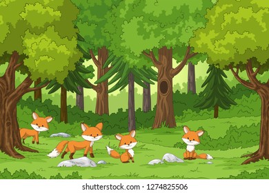 Cute foxes in the forest, hand draw illustration
