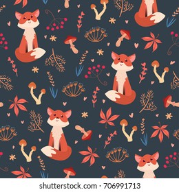 Cute foxes in forest simple seamless pattern. Mushrooms, leaves and herbs on dark blue background.