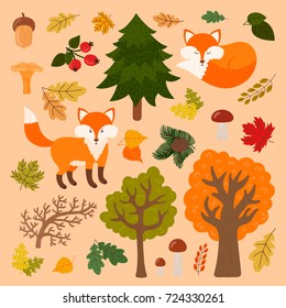 Cute foxes in the forest. Vector set can be used in postcards, posters, skrapbooking, invitations and the others.