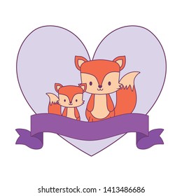 cute foxes in frame with heart shape and ribbon