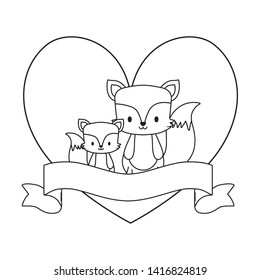 cute foxes in frame with heart shape and ribbon