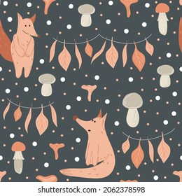 Cute foxes in garlands of leaves and mushrooms seamless pattern. Vector illustration is hand-drawn. Children's delicate picture on a gray background.