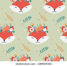 Cute foxes heads with flower crown, vector seamless pattern design for nursery, poster, birthday greeting card