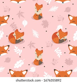 Cute foxes with leaves decoration seamless pattern 