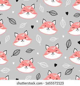 Cute Foxes. Little Fox Face and Leaves Floral Seamless Pattern. Kawaii Animal Heads Vector Childish Background for Kids Fashion Design. Print for Nursery Wallpaper, Baby Shower, Birthday