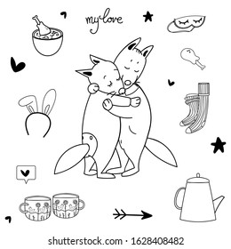 Cute foxes in love  hug. Happy Valentine's day postcard. Vector illustration.
