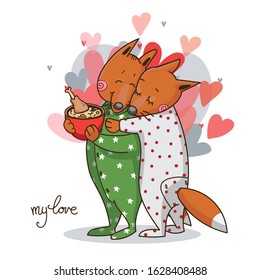 Cute foxes in love  hug. Happy Valentine's day postcard. Vector illustration.