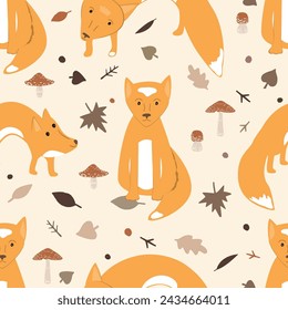 Cute foxes, mushrooms and autumn leaves doodle seamless pattern. Fall nursery forest vector background