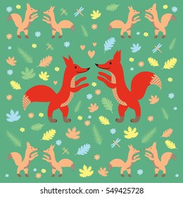 Cute foxes on background with coniferous and foliage forest elements. Can be used for card, book illustration, cover, web, decor, paper, fabric for kids