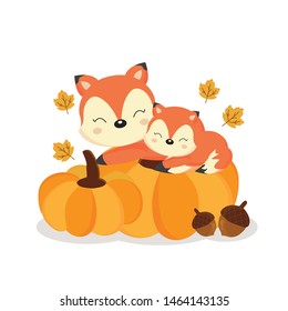 Cute foxes on pumkins in autumn.
