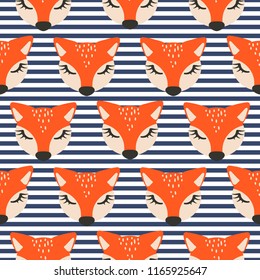 Cute foxes on striped blue scandinavian style background.