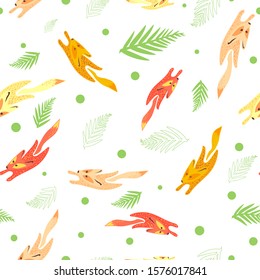 cute foxes on a white isolated background seamless pattern, palm leaves, dots. Vector illustration. Red fox with tail in motion. Stock illustration