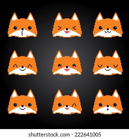 Cute foxes pixel emoticons set. Kawaii japanese style. Old school computer graphic style.