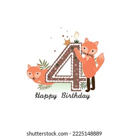 Cute foxes. Safari animals fourth birthday one candle greeting card. Birthday greeting card