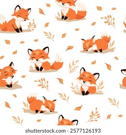 Cute foxes seamless pattern. Autumn leaves. Background for packaging, fabric, paper, wallpaper.