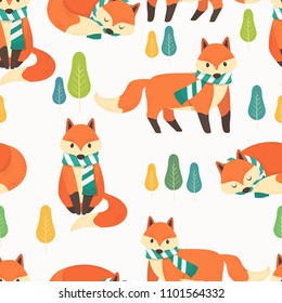 Cute foxes seamless pattern background