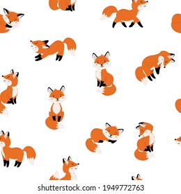 Cute foxes seamless pattern. Cartoon funny red mammals with tails, vector illustration of forest animals with emotional faces isolated on white background