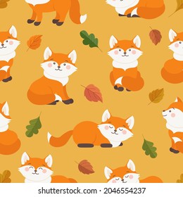 Cute foxes seamless pattern design. Background pattern with wild animal fox in different poses and oak aspen leaves. Fox character for paper, fabric, textile. Vector fox illustration in autumn colors.