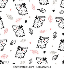 Trama sin inconvenientes. Pequeño Fox Face y deja patrón floral. Animales Kawaii encabezan vectores Fondo infantil para el diseño de moda infantil. Imprimir para papel tapiz de guardería, ducha para bebés, cumpleaños