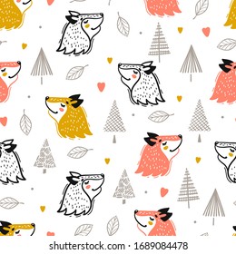 Cute Foxes Seamless Pattern. Little Fox Face and Forest. Kawaii Animal Heads Vector Childish Background for Kids Fashion Design. Print for Nursery Wallpaper, Baby Shower, Birthday