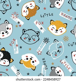 Cute Foxes Seamless Pattern. Little Fox Face. Funny Baby Animal Heads Vector Childish Blue Background for Kids Fashion Design. Print for Nursery Wallpaper, Baby Shower, T-shirt Print Design etc.