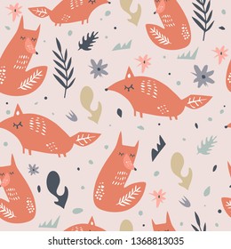 Cute foxes seamless pattern. Orange foxes on floral background. Good for print, wrapping paper, textile, fabrics, wallpaper, decor. Foxes silhouettes