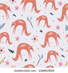 Cute foxes seamless pattern. Orange foxes on floral background. Good for print, wrapping paper, textile, fabrics, wallpaper, decor. Foxes silhouettes