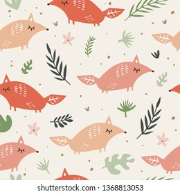 Cute foxes seamless pattern. Orange foxes on floral background. Good for print, wrapping paper, textile, fabrics, wallpaper, decor. Foxes silhouettes