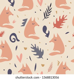 Cute foxes seamless pattern. Orange foxes on floral background. Good for print, wrapping paper, textile, fabrics, wallpaper, decor. Foxes silhouettes