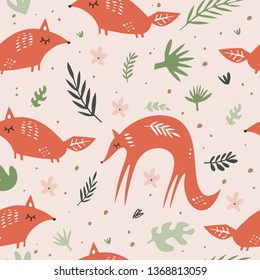 Cute foxes seamless pattern. Orange foxes on floral background. Good for print, wrapping paper, textile, fabrics, wallpaper, decor. Foxes silhouettes