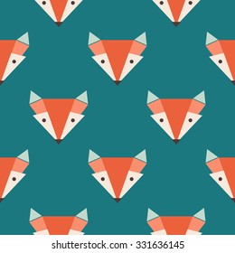 Cute foxes seamless vector pattern. Orange fox's head on blue background