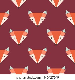 Cute foxes seamless vector pattern. Orange fox's head on red background